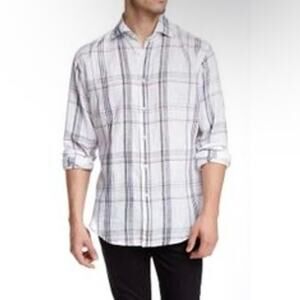 Thomas Dean Mens XL Tall 100% Linen Plaid Button Down Shirt White Multi Casual